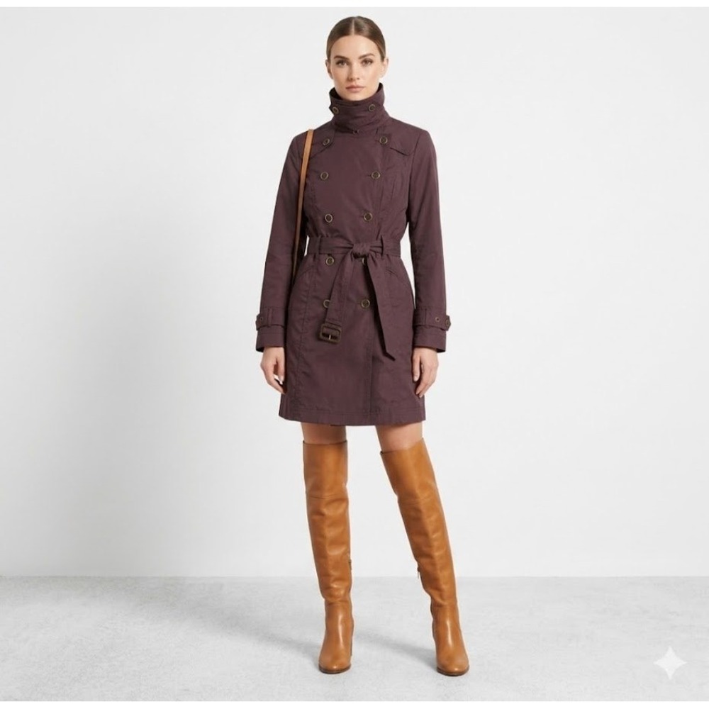 Cole Haan Trench Coat Womens 8 Plum Double Breasted Belted Rain Jacket 35MD8059